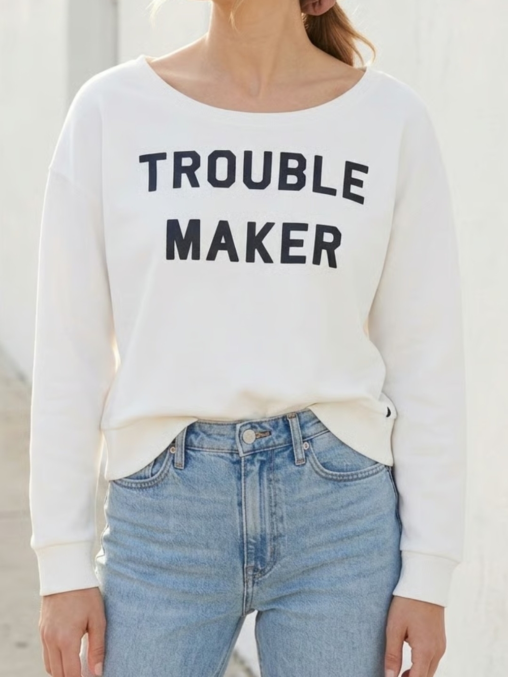 Rock & Republic White Sweatshirt with Navy 'TROUBLE MAKER' Graphic